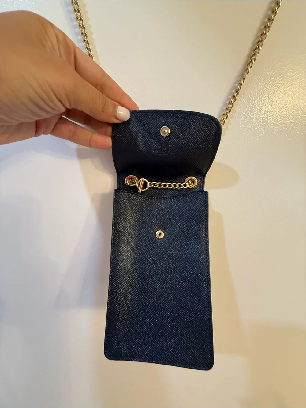 Coach Black Crossgrain Leather Phone Crossbody Gold Chain